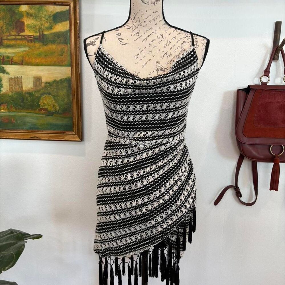 Black & White Crochet Fringe Mini Dress | Strappy Textured Statement | Night Out